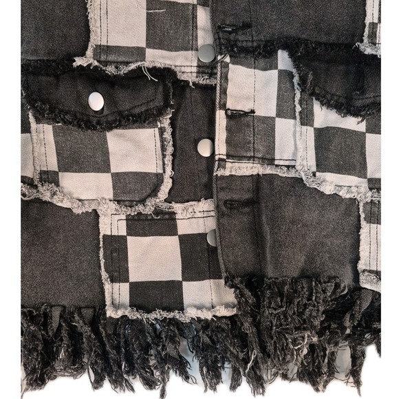 Pol Boutique Brand Wmn Sm. Distressed Patched Fringe Blk Gray Denim Jacket EUC - Picture 2 of 16